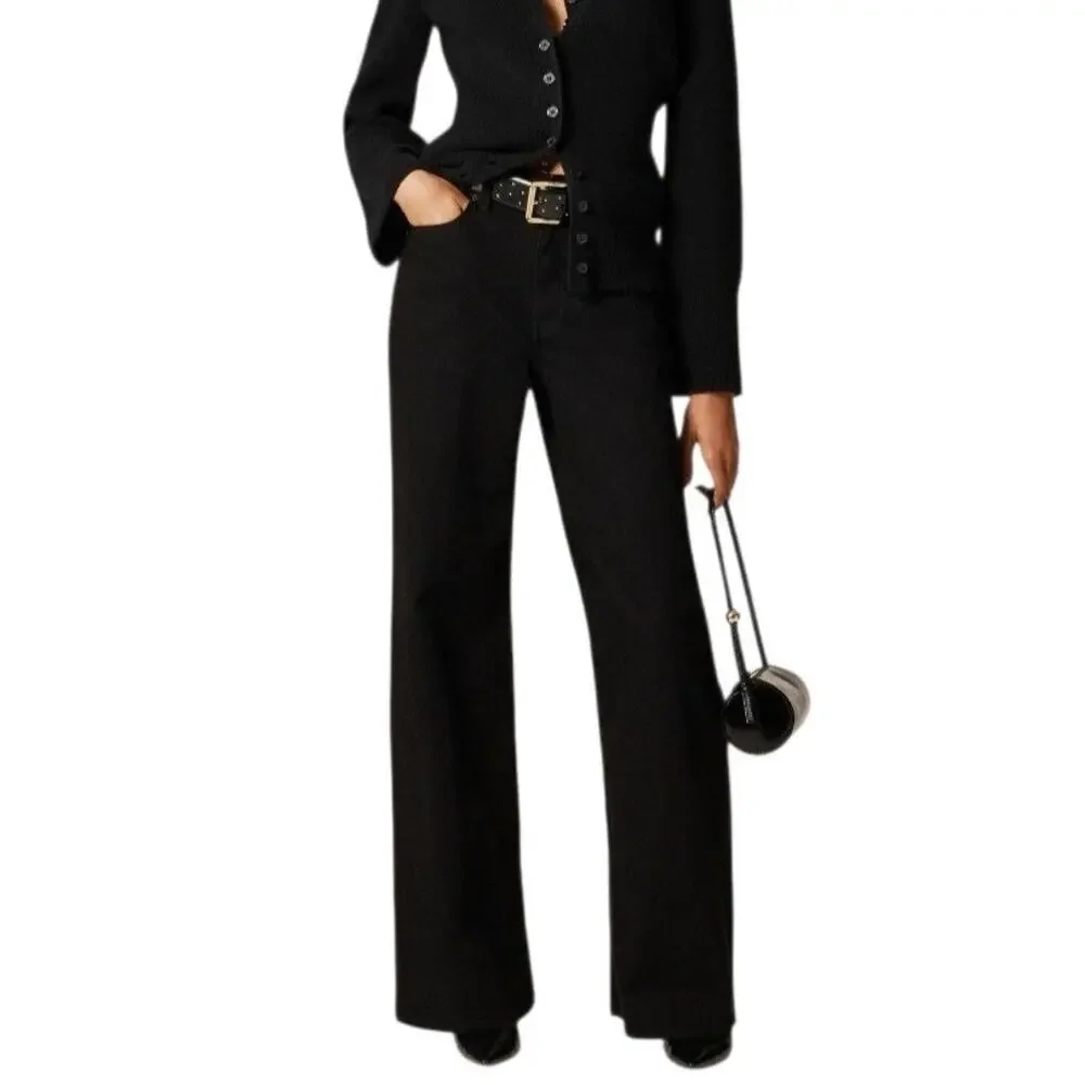 J Crew Denim Trouser‎ Jeans Wide Leg Black Semi Stretch High Rise Minimalist 28